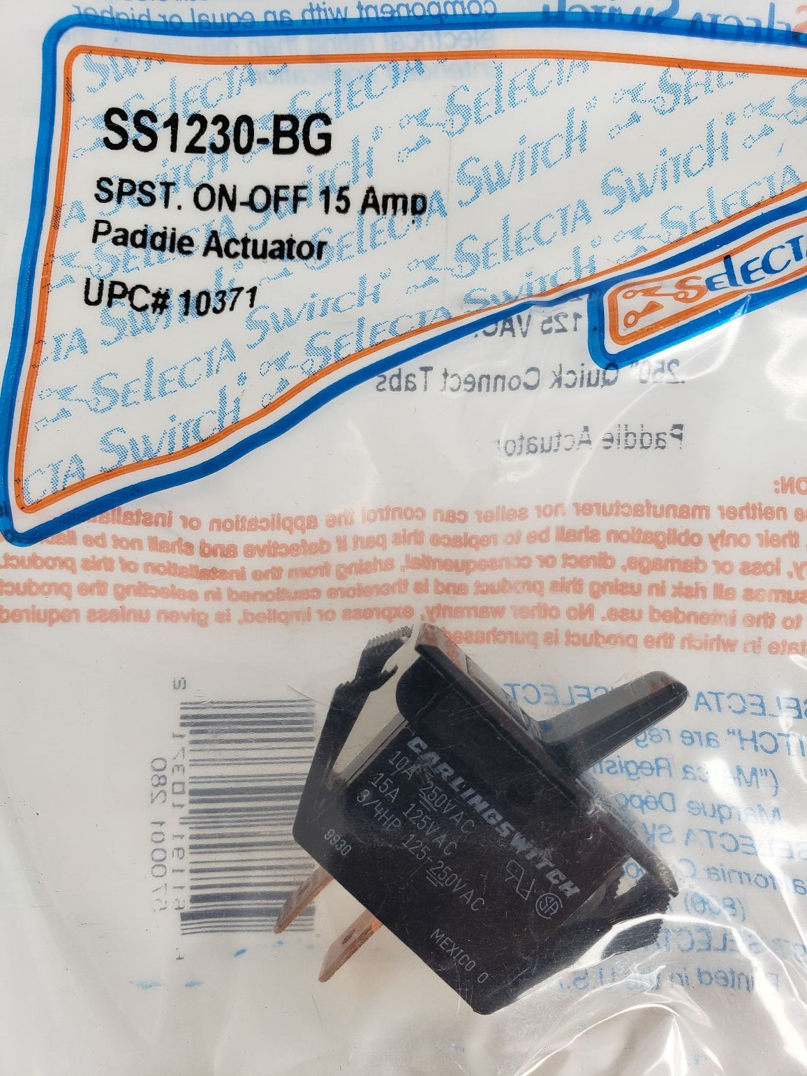 Selecta Switch SS1230-BG Paddle Toggle Switch, SPST, ON-OFF, 15 Amp  %2310371 1 PCS New Condition