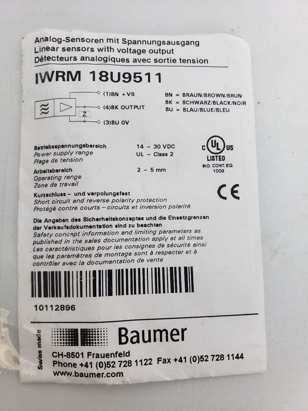 Baumer Analog Sensor IWRM 18U9501 IWRM18U9501 - 1PCS NEW