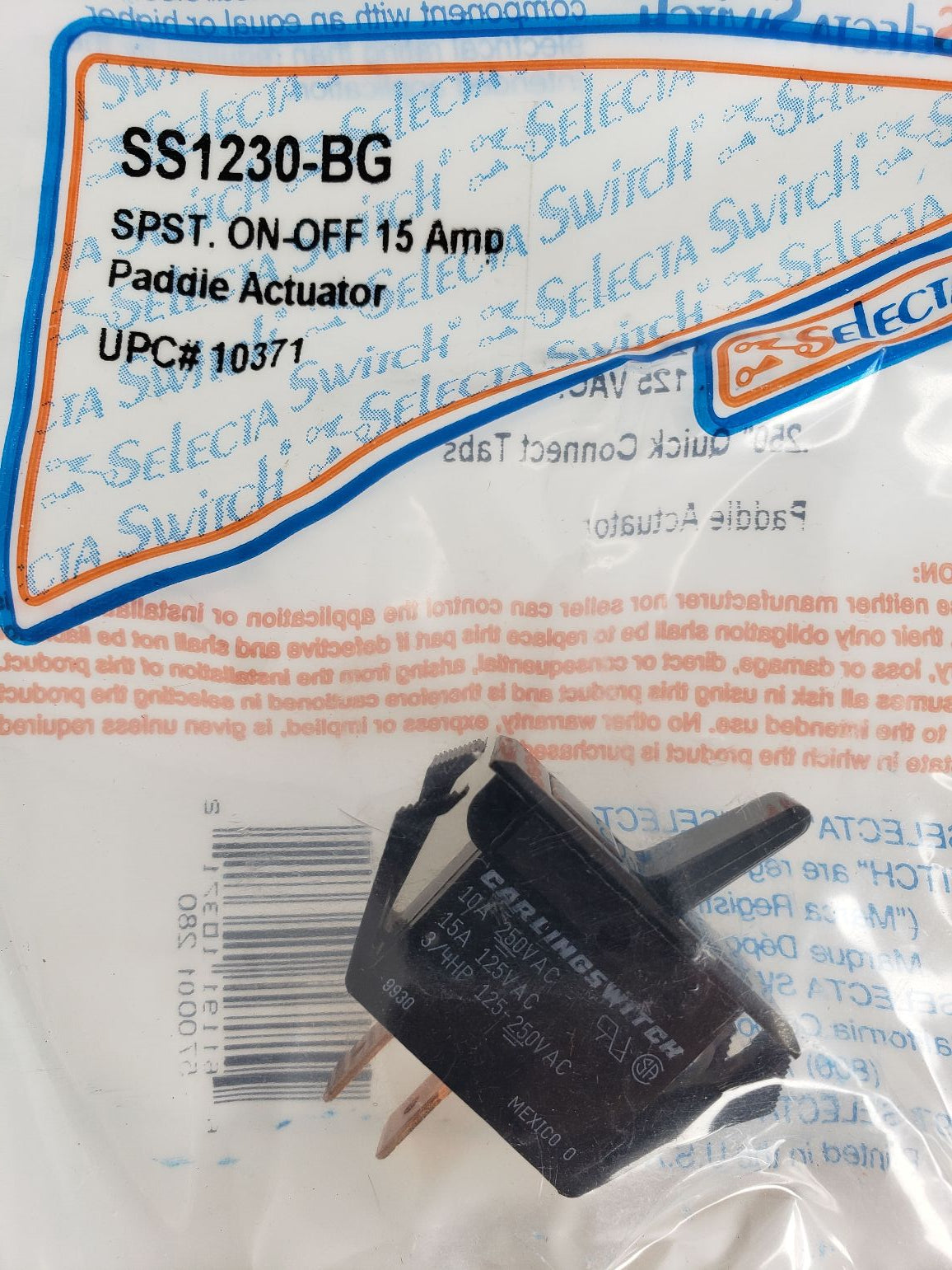 Selecta Switch SS1230-BG Paddle Toggle Switch, SPST, ON-OFF, 15 Amp %2310371 1 PCS New Condition