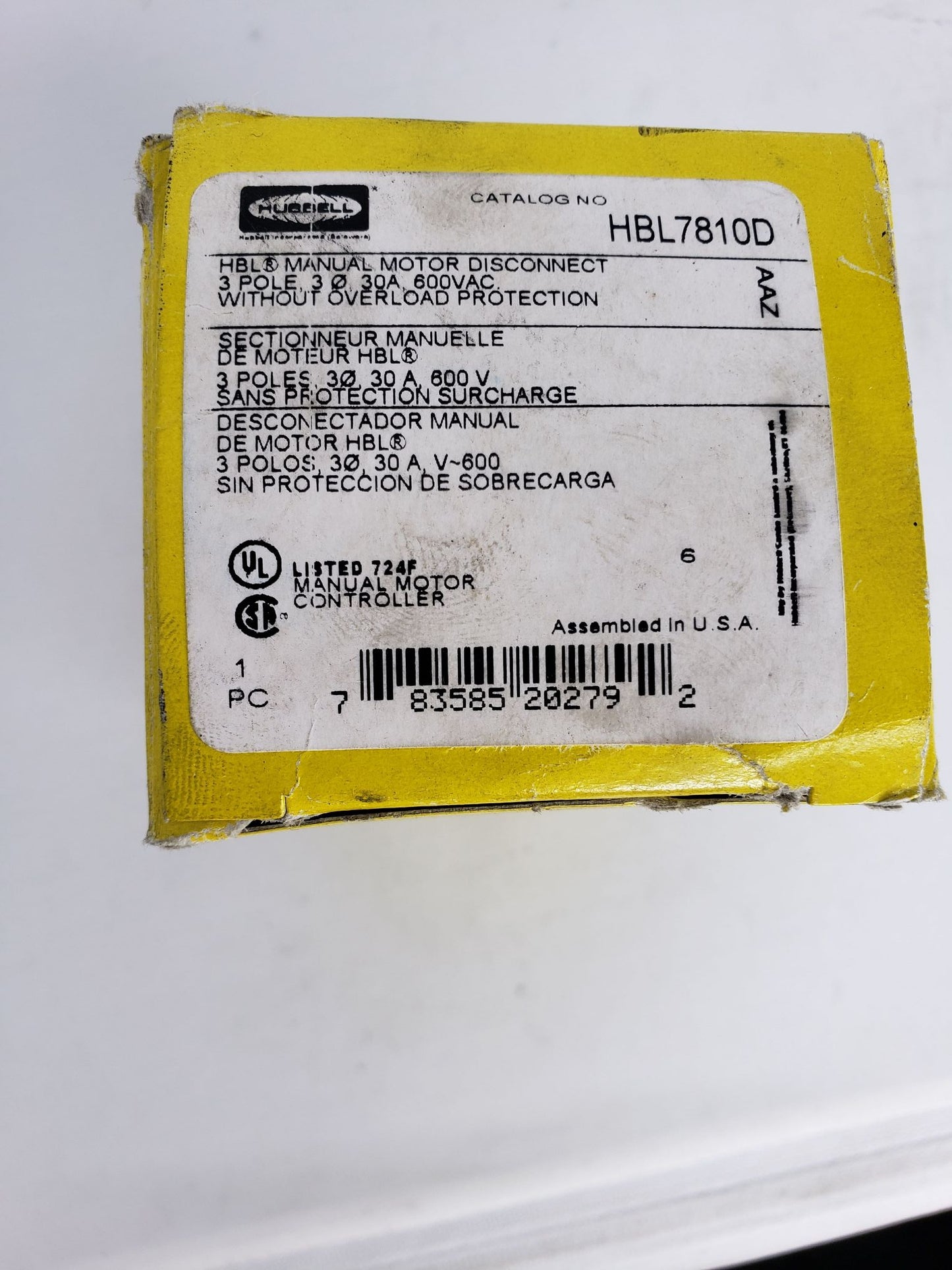 Hubbell HBL7810D Manual Motor Disconnect 3 Pole 600VAC 1 PCS New Condition