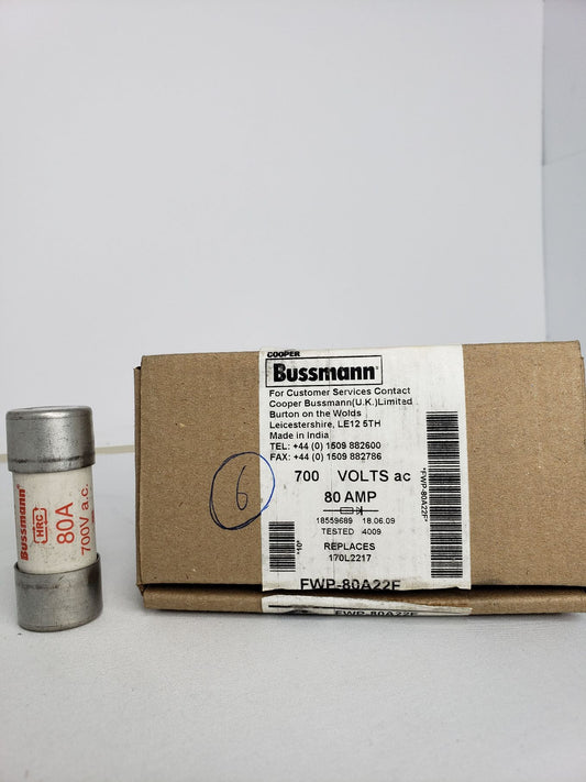 QTY: 6 Bussman FWP-80A22E Fuse, FWP Series, 80 A, Fast Acting, 22mm x 58mm, 7/8" x 2-9/32"